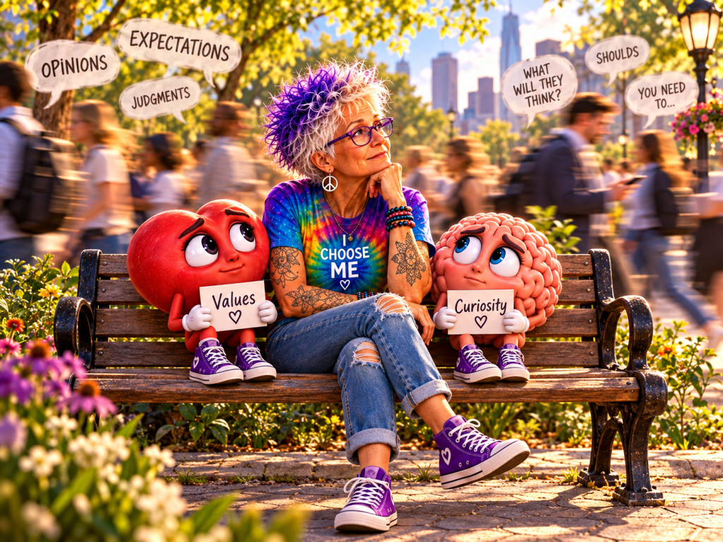 A woman with colorful hair and glasses sits on a park bench, surrounded by vibrant flowers. She is holding a sign that says 'Choose Me.' Next to her are two cartoon characters: a heart holding a sign that reads 'Values' and a brain holding a sign that says 'Curiosity.' In the background, people are walking in a park with a city skyline visible.