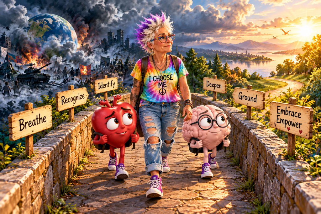 A person with colorful hair walks along a stone path, accompanied by cartoon heart and brain characters, with signs displaying motivational words like 'Breathe', 'Recognize', and 'Empower'. A war-torn background contrasts with a serene landscape in the distance.