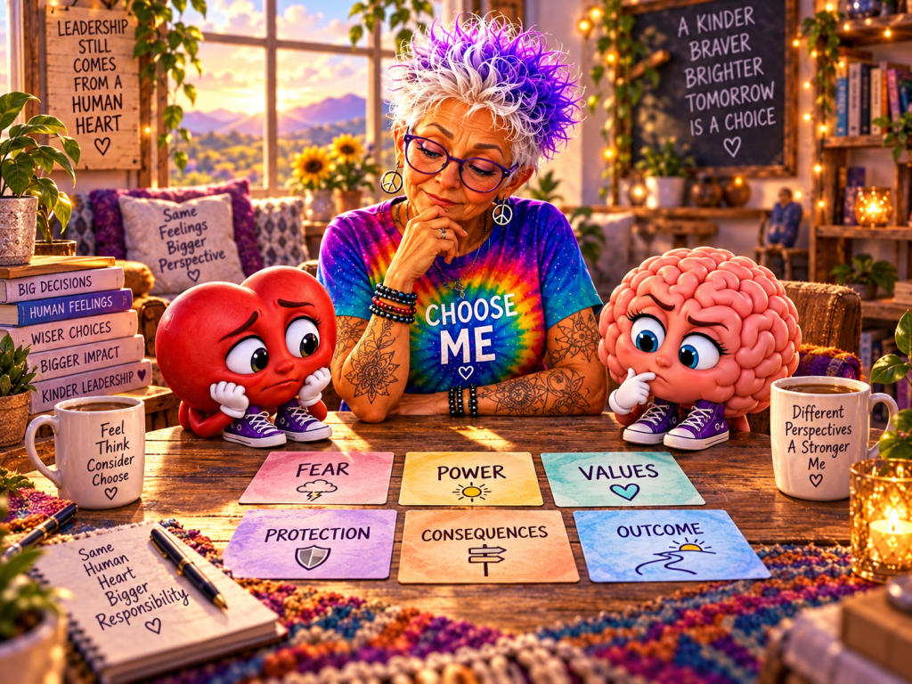 A thoughtful woman with colorful hair sits at a table surrounded by emotional character representations of a heart and a brain. She contemplates various cards labeled 'Fear,' 'Power,' 'Values,' 'Protection,' 'Consequences,' and 'Outcome,' emphasizing themes of decision-making and human emotions.