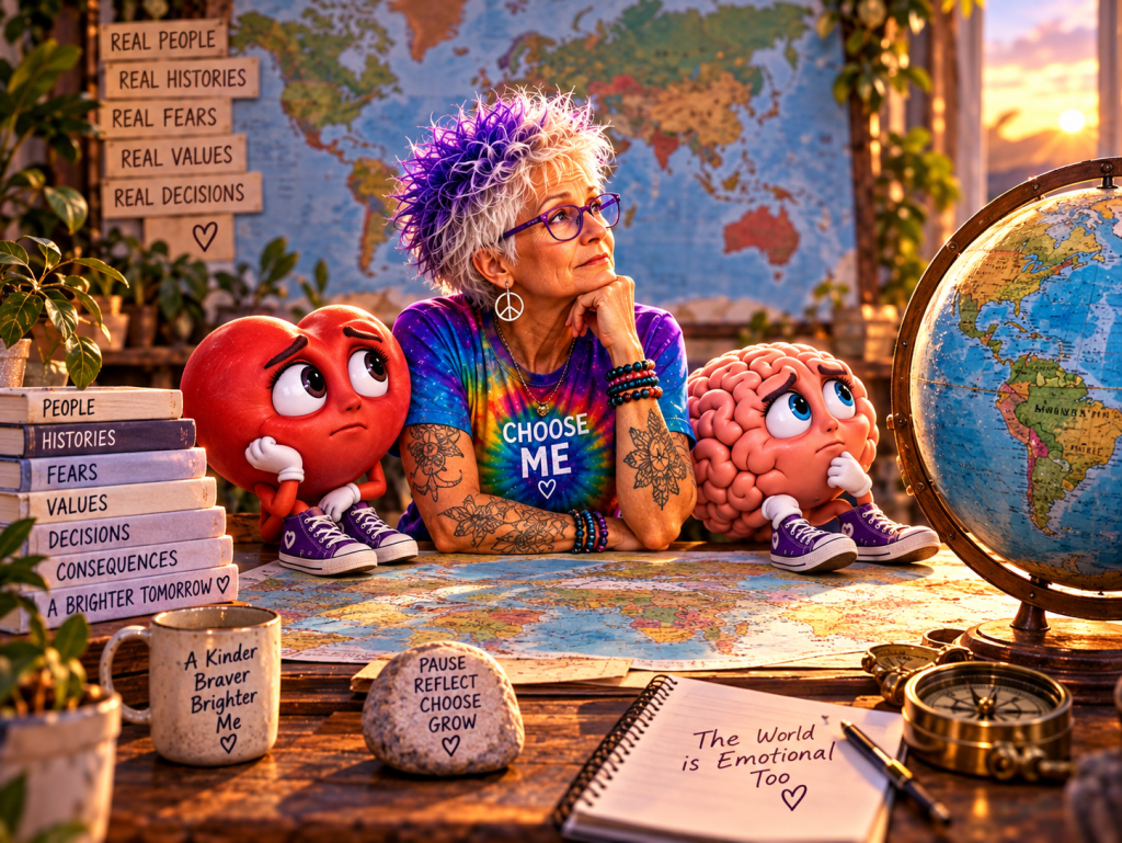 A thoughtful woman with colorful clothing and accessories sits at a table with a globe, surrounded by cartoonish characters representing a heart and a brain, alongside inspirational messages and books.