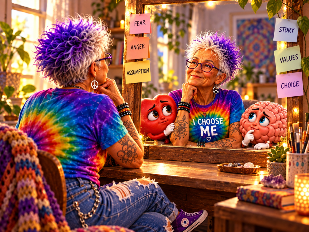 A person with colorful hair and glasses sits in front of a mirror, contemplating life choices. Emotionally expressive cartoon characters, a heart and a brain, accompany them. Sticky notes with words like 'Fear', 'Anger', and 'Choice' adorn the mirror.