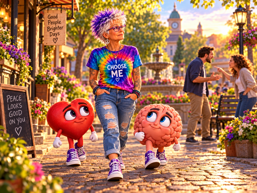 A woman with colorful hair and a tie-dye shirt walks in a vibrant street filled with flowers, accompanied by cartoon characters: a cheerful heart and a friendly brain. In the background, two people argue near a fountain.