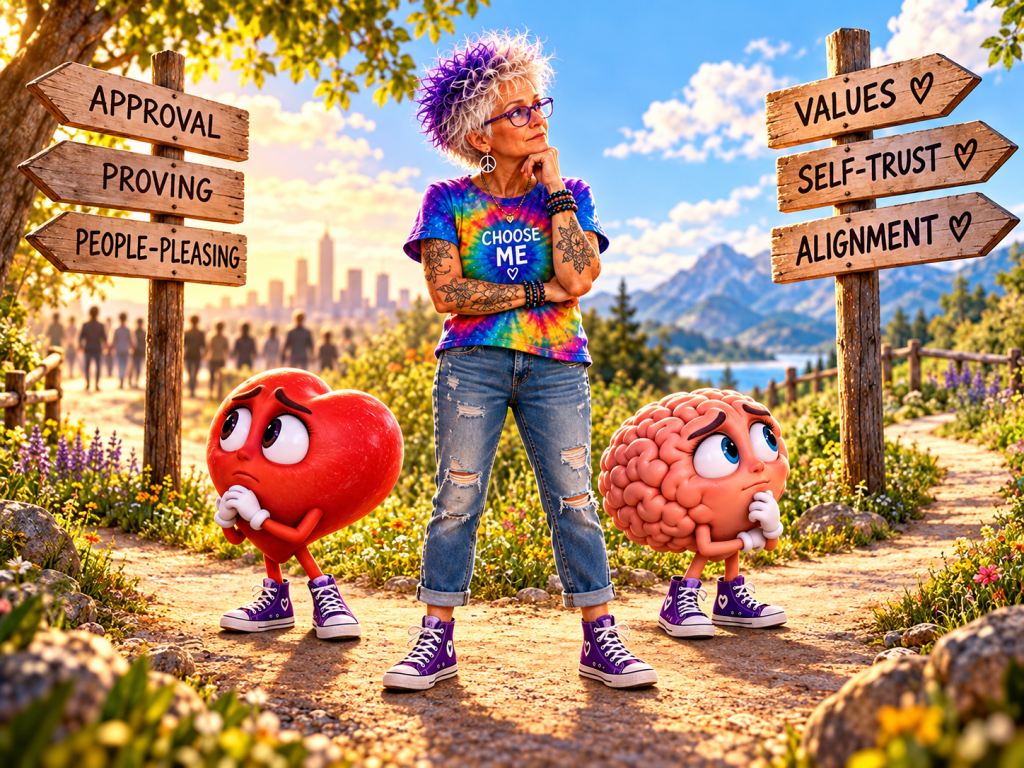 A thoughtful woman with colorful hair and a tie-dye shirt stands at a crossroad, contemplating choices represented by signs: 'Approval', 'Proving', and 'People-Pleasing' to one side, and 'Values', 'Self-Trust', and 'Alignment' to the other. Two cartoon characters, a heart and a brain, accompany her, looking contemplative.